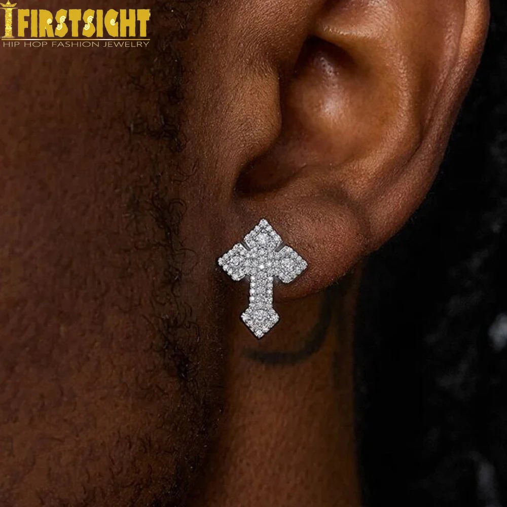 2025 New Bling Cross Stud Earring Iced Out Zircon Prong Setting Gold Color Fashion Luxulry Earrings Men Women Hip Hop Jewelry