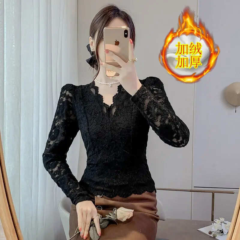 

V-Ne Lace Base irt Women Long Sve Hollow out Slimming Top Trendy Korean Commute Fashion ort Length TT744