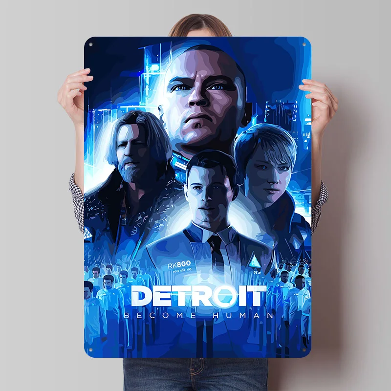Affiche métallique Detroit: Become Human, Art mural personnalisé, Panneaux en tôle rétro vintage pour la décoration de la « Man Cave », de la salle de jeux et de la maison chaleureuse