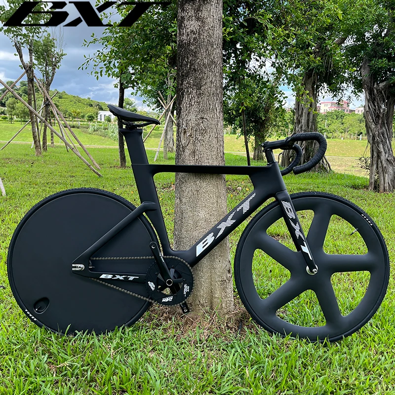 BXT Bike Track Complete Bicycle Carbon Fiber Fixed Gear Bicycle 53T Single Chainring Carbon Track Bike Closed Wheel Time