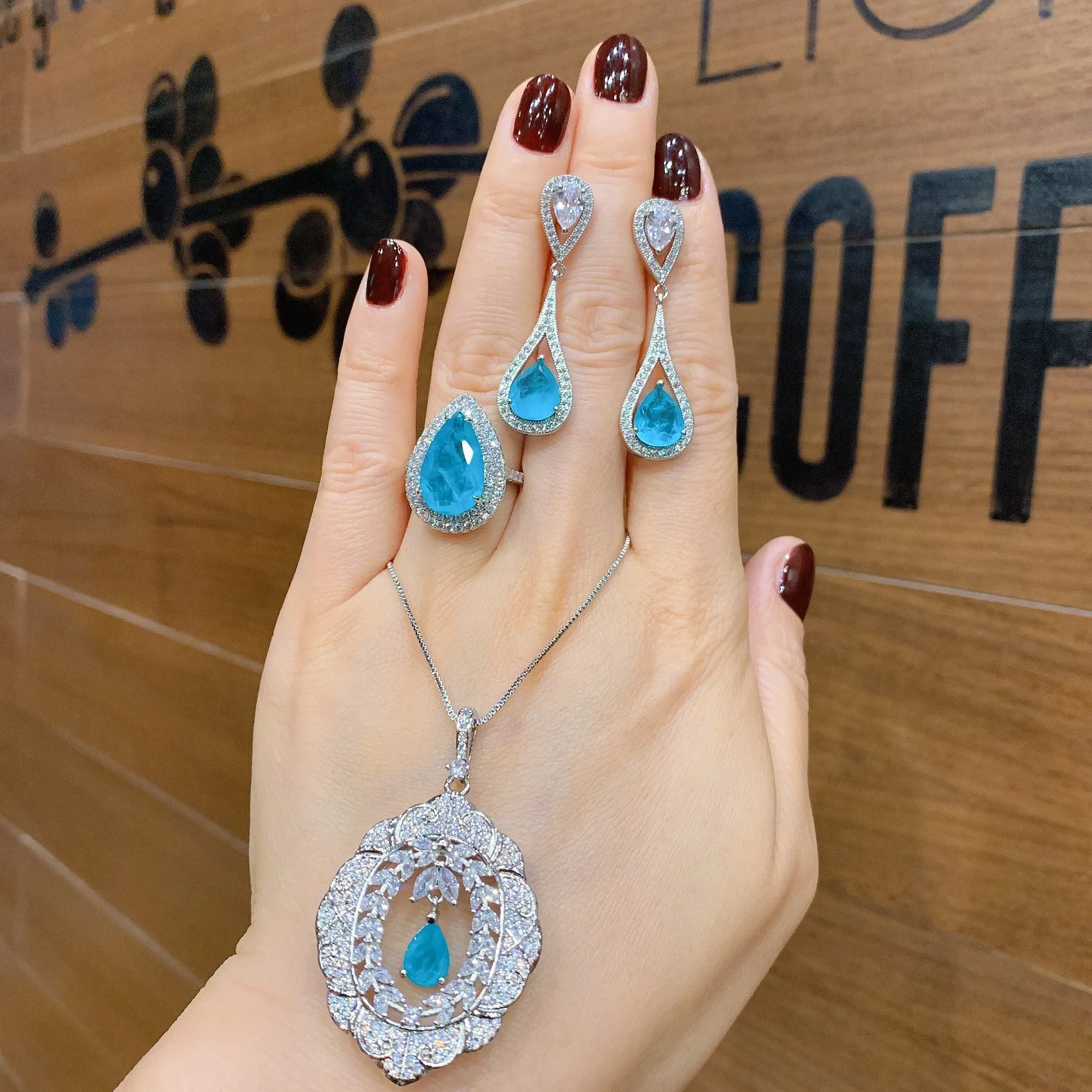 Fashion 925 Sterling Silver Ring Necklace Earring Set Paraiba Blue Crystal Gift Female Vintage Water Droplets Jewelry Designer