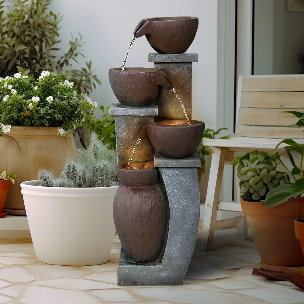 32.8in 4 Tier Indoor Outdoor Water Fountain LED Lights Resin Garden Water Feature Relaxing Soundscape Home Decor Patio
