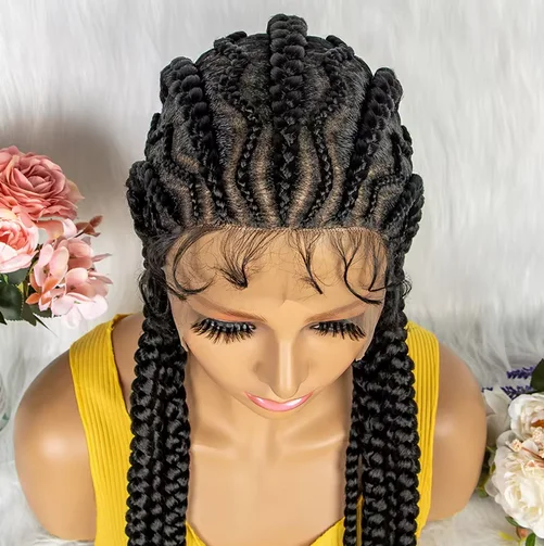 New Style 36 Inches Synthetic Full Lace Frontal Cornrow Box Braided Wigs with Baby Hair for African Women Braiding Hair