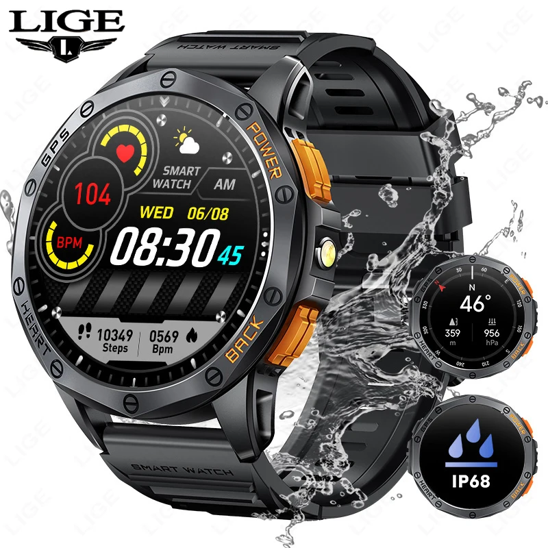 

LIGE New GPS tracking Smart Watch BT Call 466*466 AMLOED Screen Heart Rate 530mAh Battery Outdoor Compass Flashlight Smartwatch