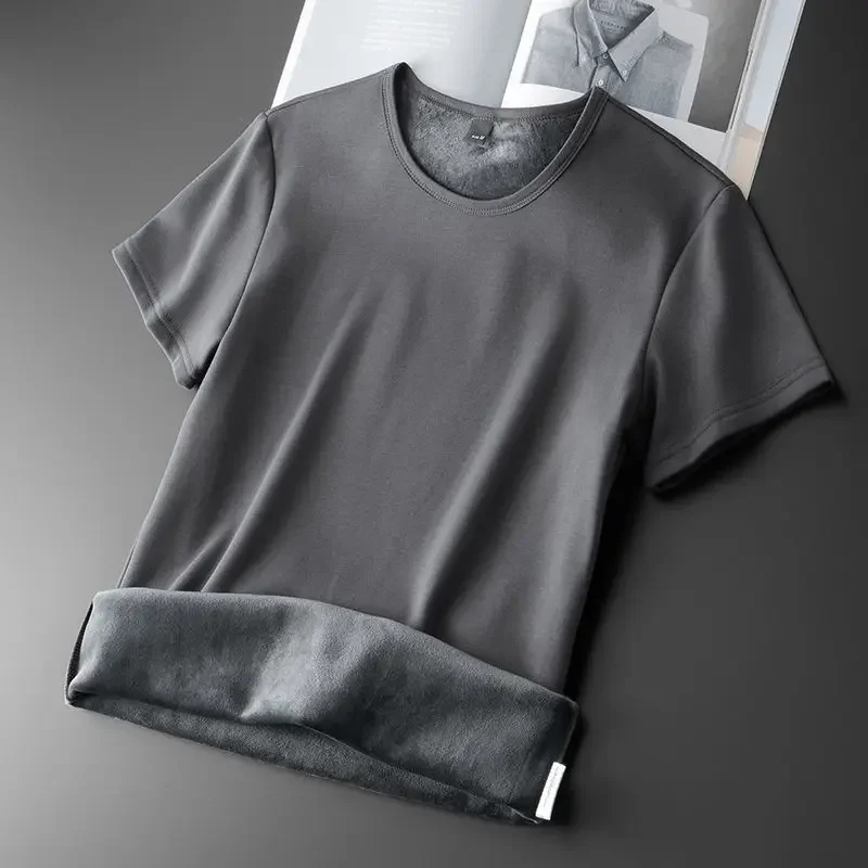 Ropa interior térmica para hombre, Tops de lana gruesa de manga corta, camisa inferior ajustada con cuello redondo, jersey liso cálido y cómodo de terciopelo