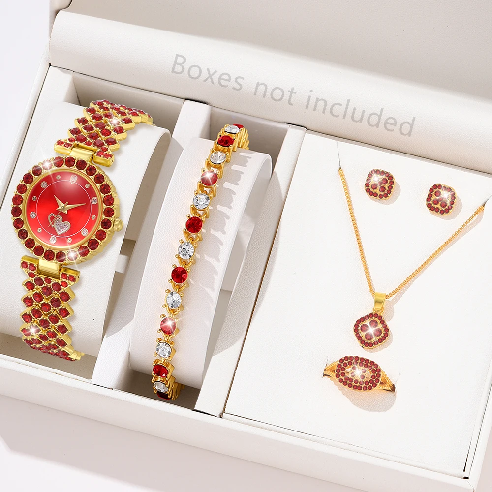 6PCS/Set Women\'s Red Alloy Watch Strap Fashionable Rhinestone Quartz Watch Necklace Earrings Jewelry Set