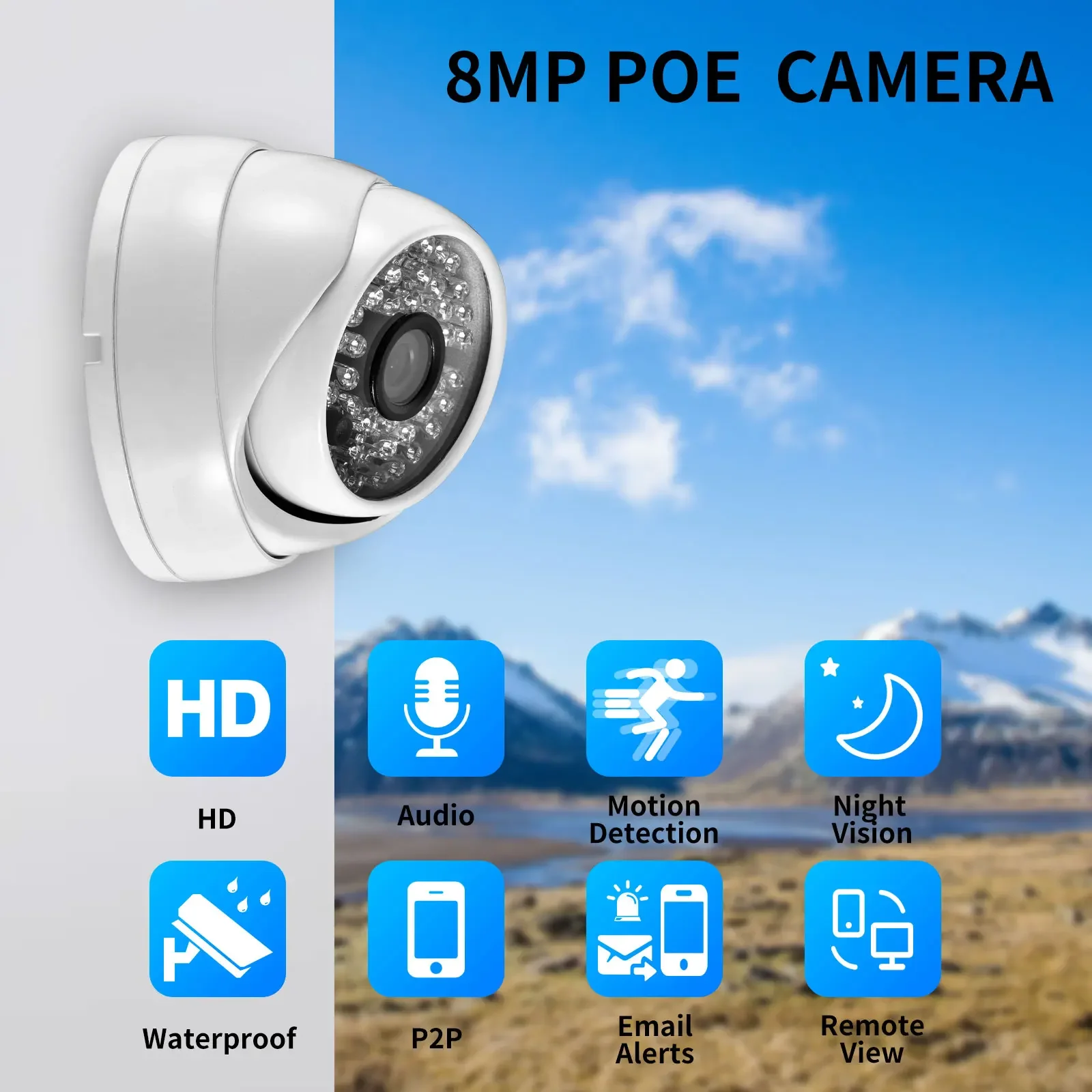 Gadinan 8MP 4K IP Camera H.265 Onvf CCTV White Dome Waterproof IR 48V POE Body Security Camera