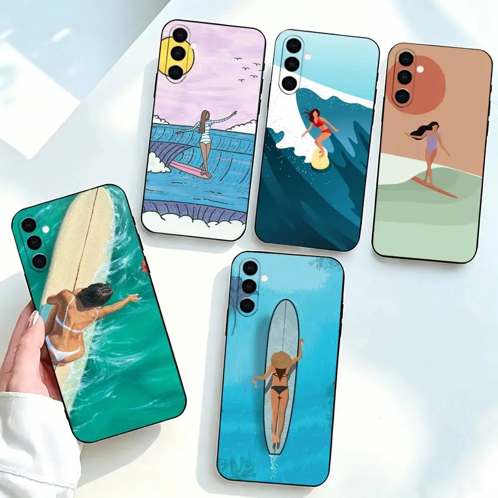Surfboard-d Surfing Art Surf Girl  Phone Case For Samsung Galaxy A73,A72,A71,A70,A53,A52,A51,Others Soft Black Cover