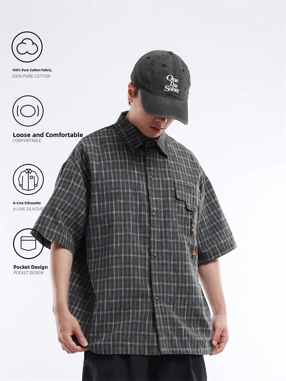 Retro Japanese Style Men's Checkered Work Shirt Short Sleeve Half Sleeve Decorative Pocket Pendant Casual Loose Fit Polyester...