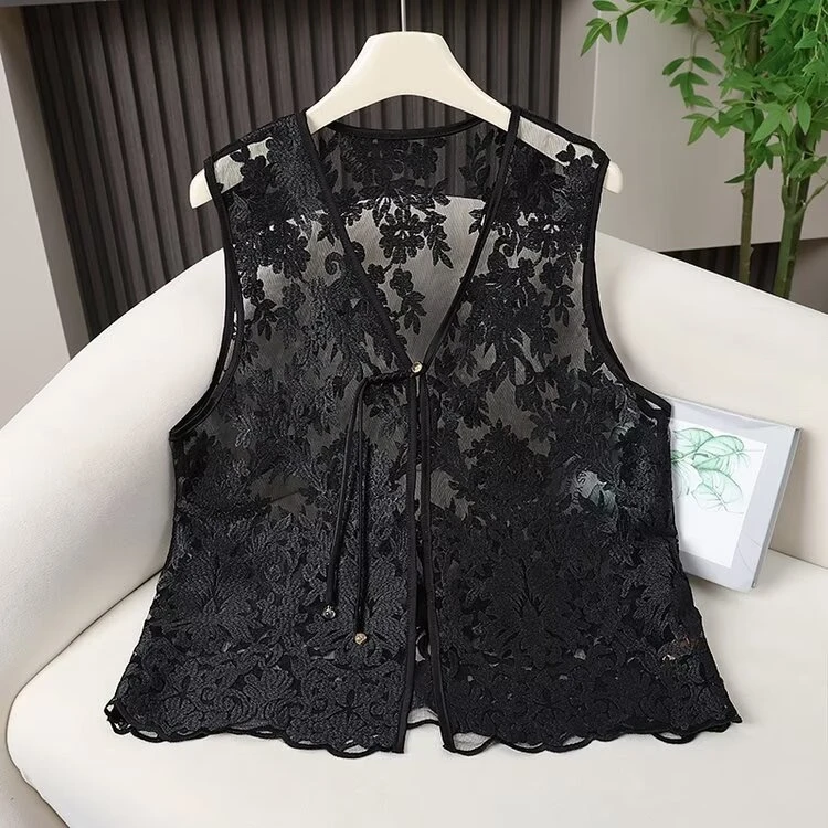 

Женский кружевной жилет с вышивкой и цветочным принтом, летняя новая прозрачная многослойная блузка в китайском стиле в стиле ретро