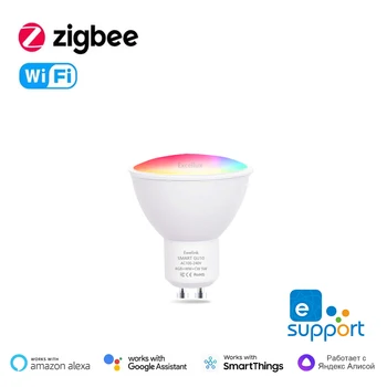 Żarówki LED Tuya GU10 Zigbee lub WiFi Reflektor, 5W RGB C+W Białe ściemnialne lampy, inteligentne żarówki sterujące z aplikacją EWelink, głos Alexa