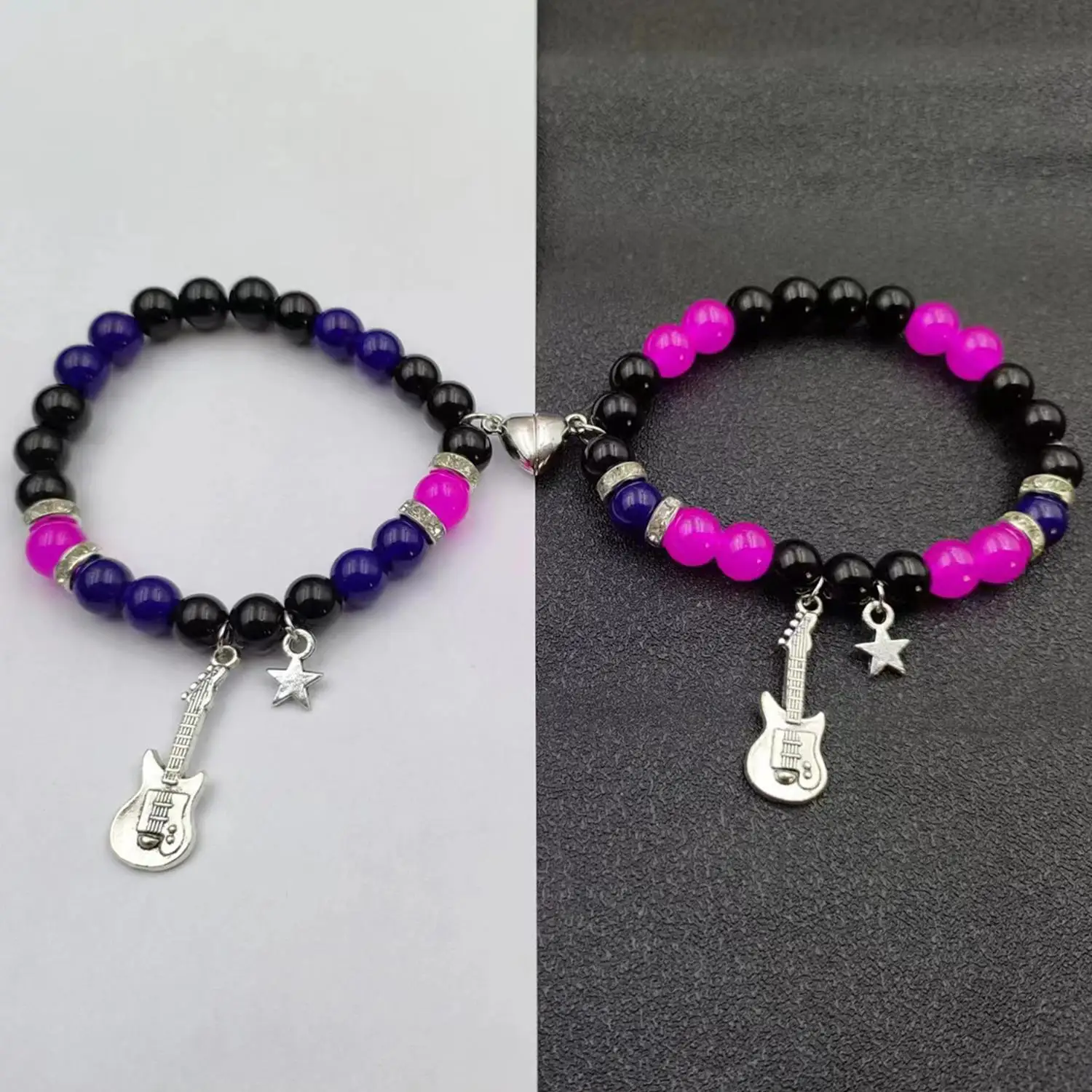 2 قطعة من الخرز الأزرق والأحمر قلادة الغيتار على شكل قلب أساور زوجين المغناطيس ، هدايا مجوهرات عصرية Bff #2