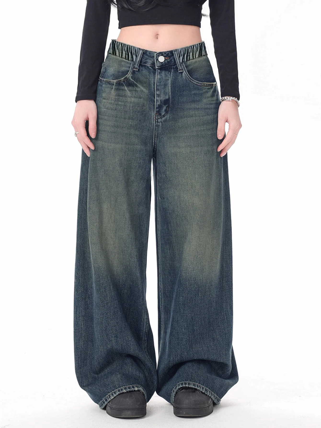 

Teenage Girls Loose Wide Leg Long Jeans Casual Vintage Wash Blue Straight Tube Pants for Preteens And Tweens
