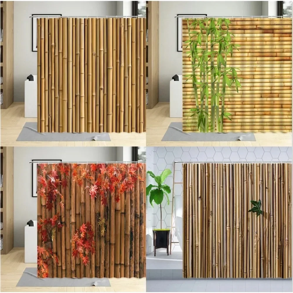 

Зеленая бамбуковая занавеска для душа с растениями, кленовый лист, деревянная 3D-печать, украшение на стену, набор полиэстеровых штор для ванной комнаты с крючками