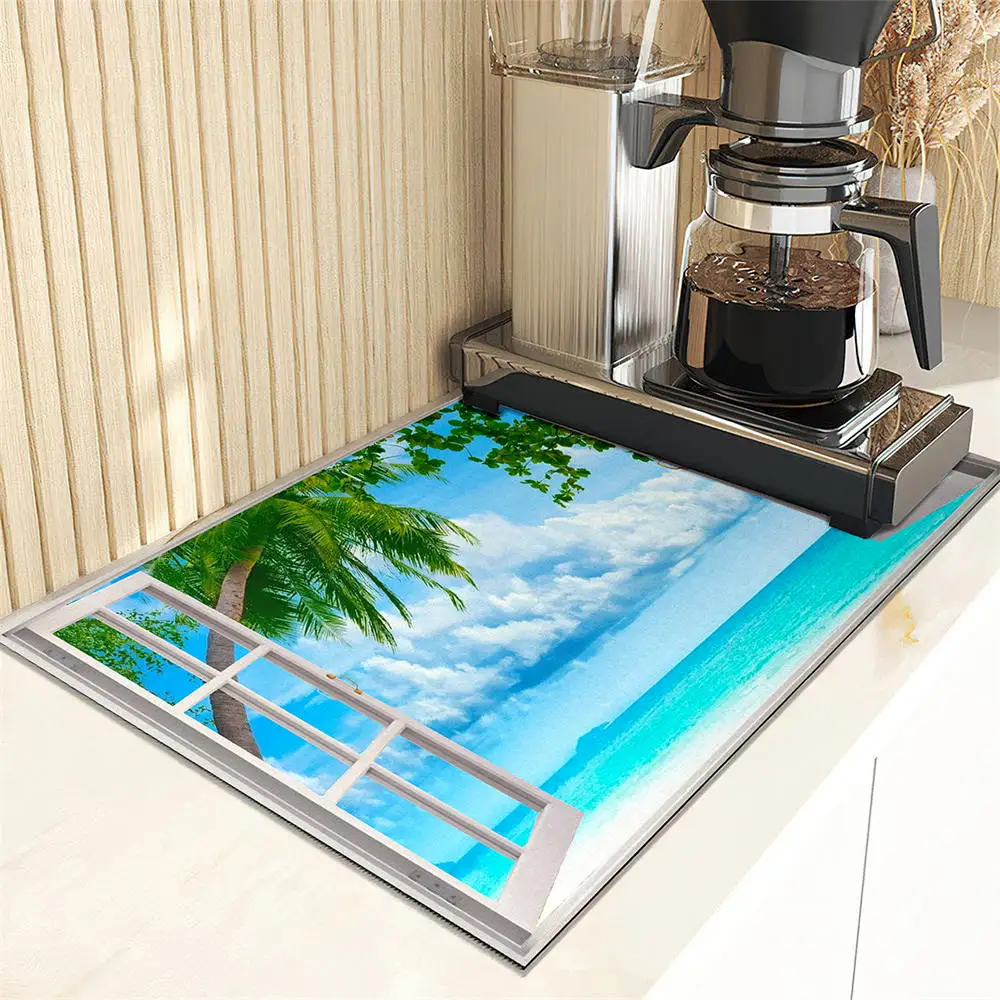 Window Scenery Print Dish Drying Mat Super Absorbent Kitchen Counter Drain Pad Tableware Cup Bottle Sink Waterproof Non-slip Mat