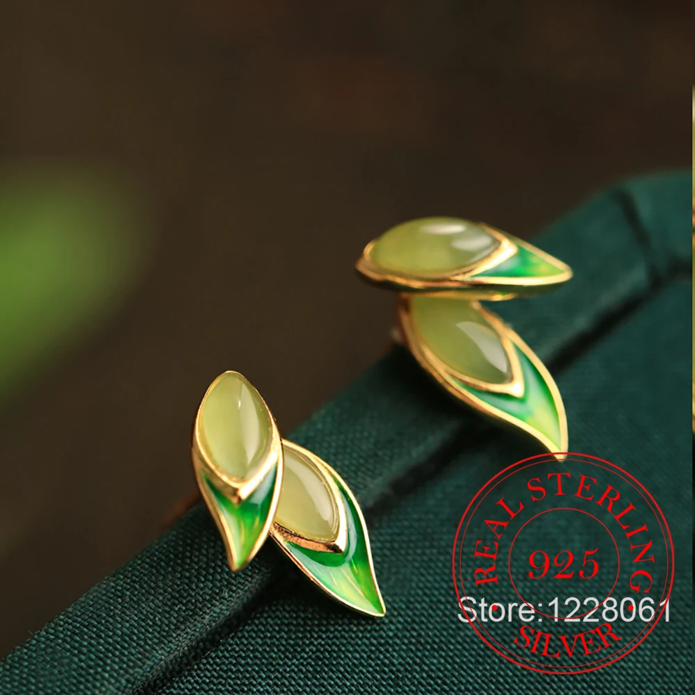 

925 Sterling Silver Jewelry 18K Gold Plated Green Bamboo Jade Stud Earrings for Women Wedding Party Jewelry Girls Friend Gift