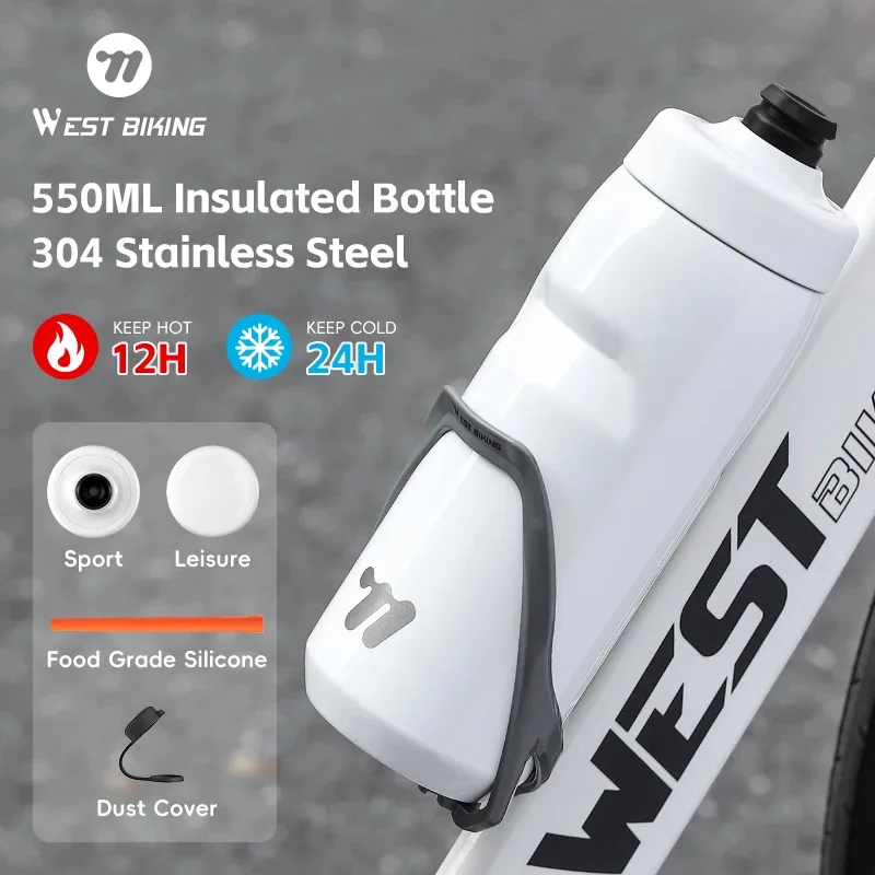 WEST BIKING Vakuumisolierte Fahrradflasche, 550 ml Edelstahl gekühlter Wasserkocher für gekochtes Wasser, Gürtel 2, ein Tassenset für Fitnessstudio, tragbar