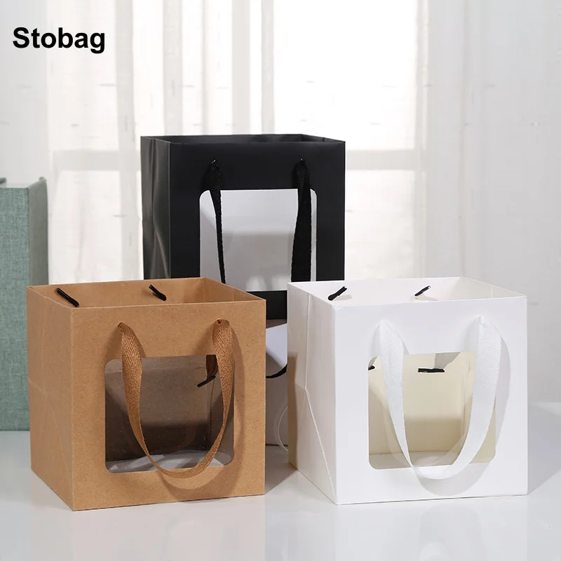 StoBag 12pcs Kraft paper Gift Bags Tote with Window Packaging Color Handbag Cake Storage Reusable Pouch Birthday Party Favors