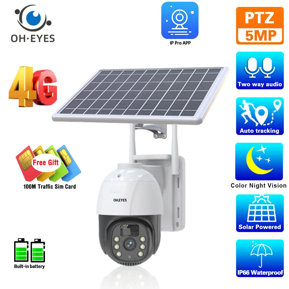 

5MP 4G PTZ Solar Security Camera Outdoor Color Night Vision Auto Tracking Wireless Battery Powered CCTV Surveillance IP Camera