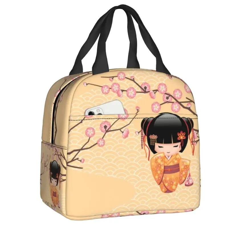 Custom Cute Kokeshi Doll Lunch Bag Women Warm Cooler Insulated  Container for Student School Work Picnic Food Tote Bags