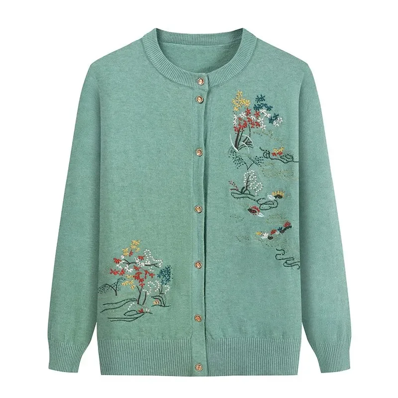 Oma Bestickte Strickjacke Jacke Frauen Herbst Winter Lose O Hals Langarm Pullover Mantel Casual Weibliche Outwear Tops