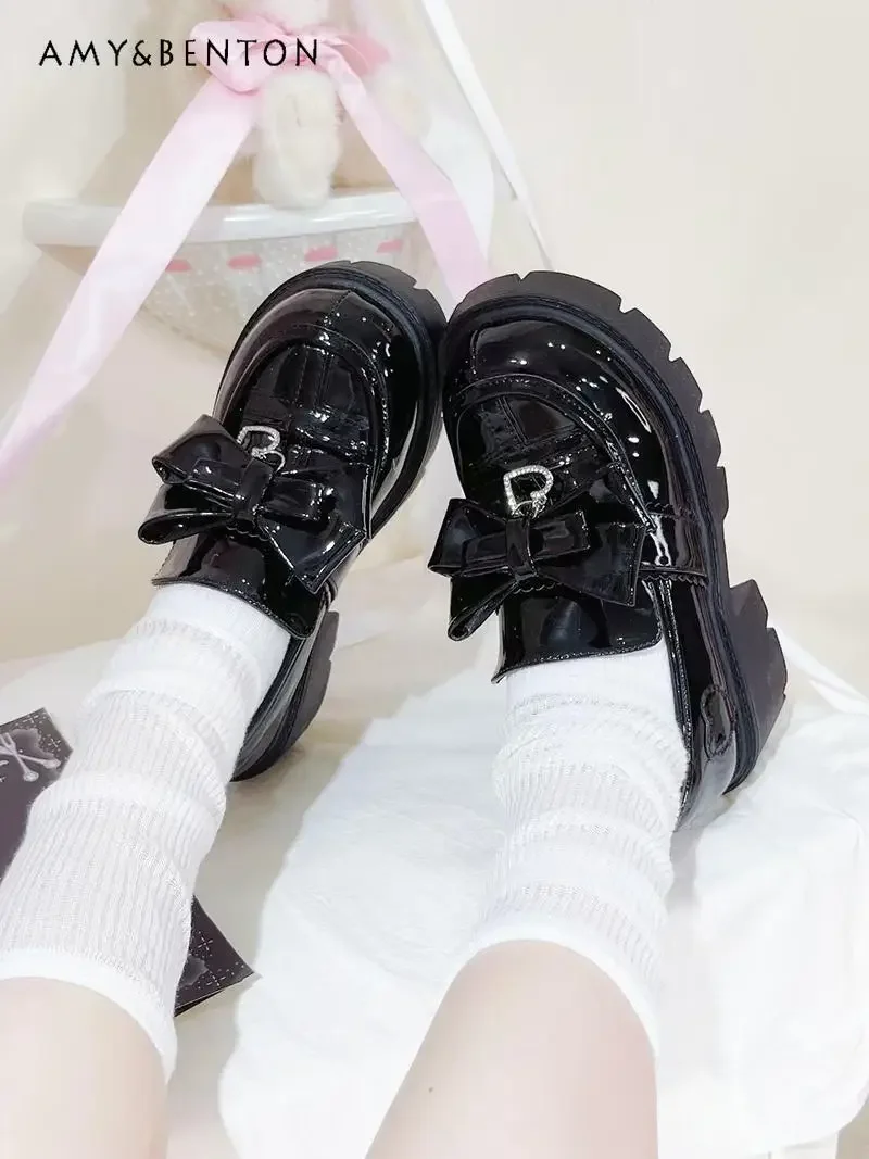 

Lolita Mary Jane Shoes Japanese Sweet Girl Bow Love Rhinestone Round Head Leather Shoes Women Mine Mass-produced Platform Shoes