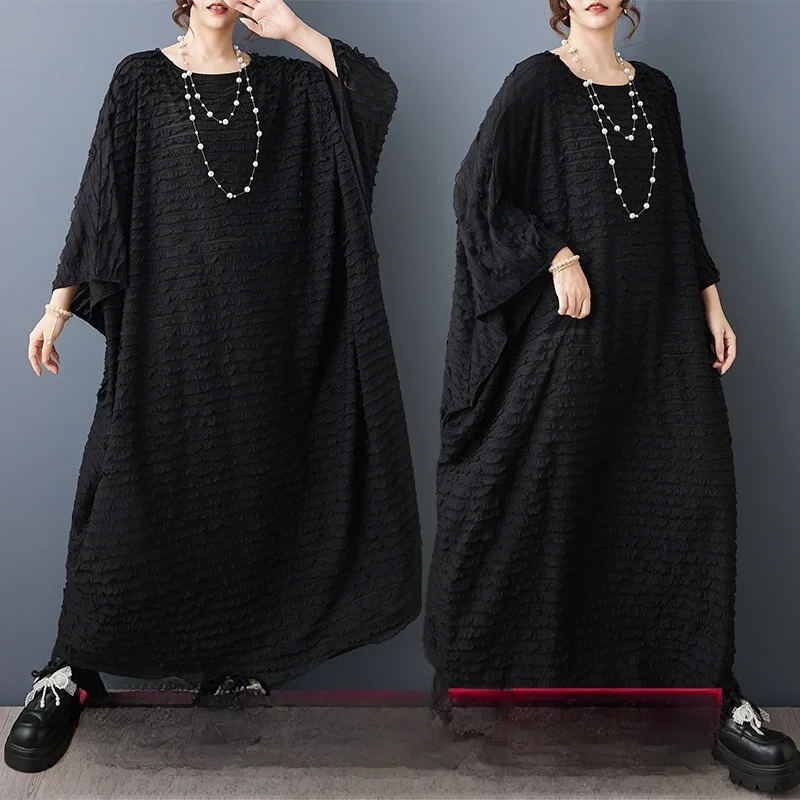 

Loose Fit Batwing Sleeve Dress Oversized Vintage Style Polyester Fabric Midi Dress Women's Summer Casual Wear round Neck