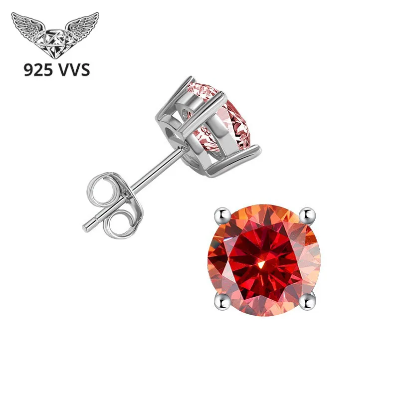 

925 Sterling Silver Colorful Moissanite Stud Earrings Round Cut Red/Green/Blue/Pink VVS Earring Men Women Gift