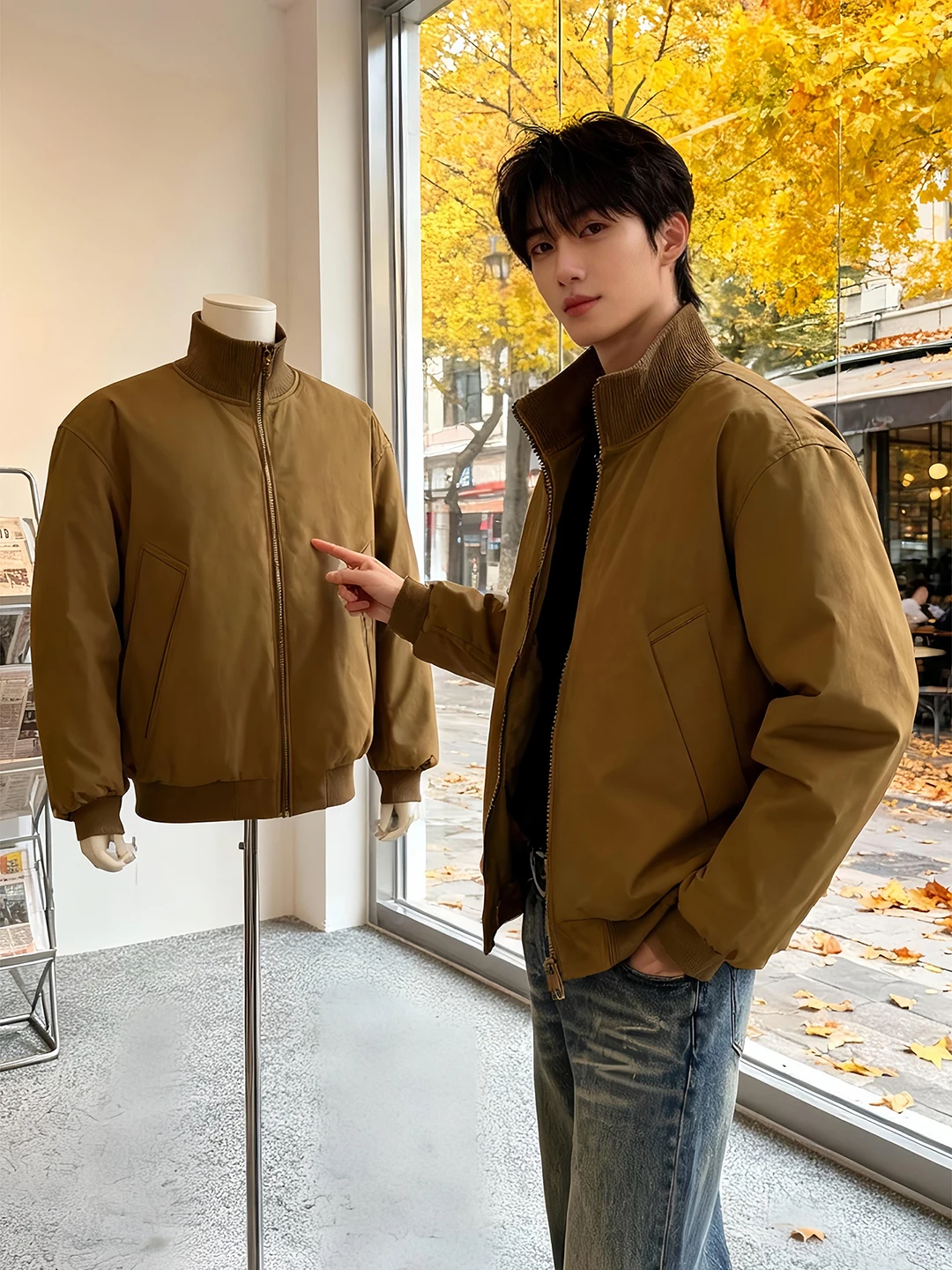 

Brown Stand Collar ort Men's down Jaet Winter Warmth Insulation Baseball Sle Cotton Workwear Outerwear Coat