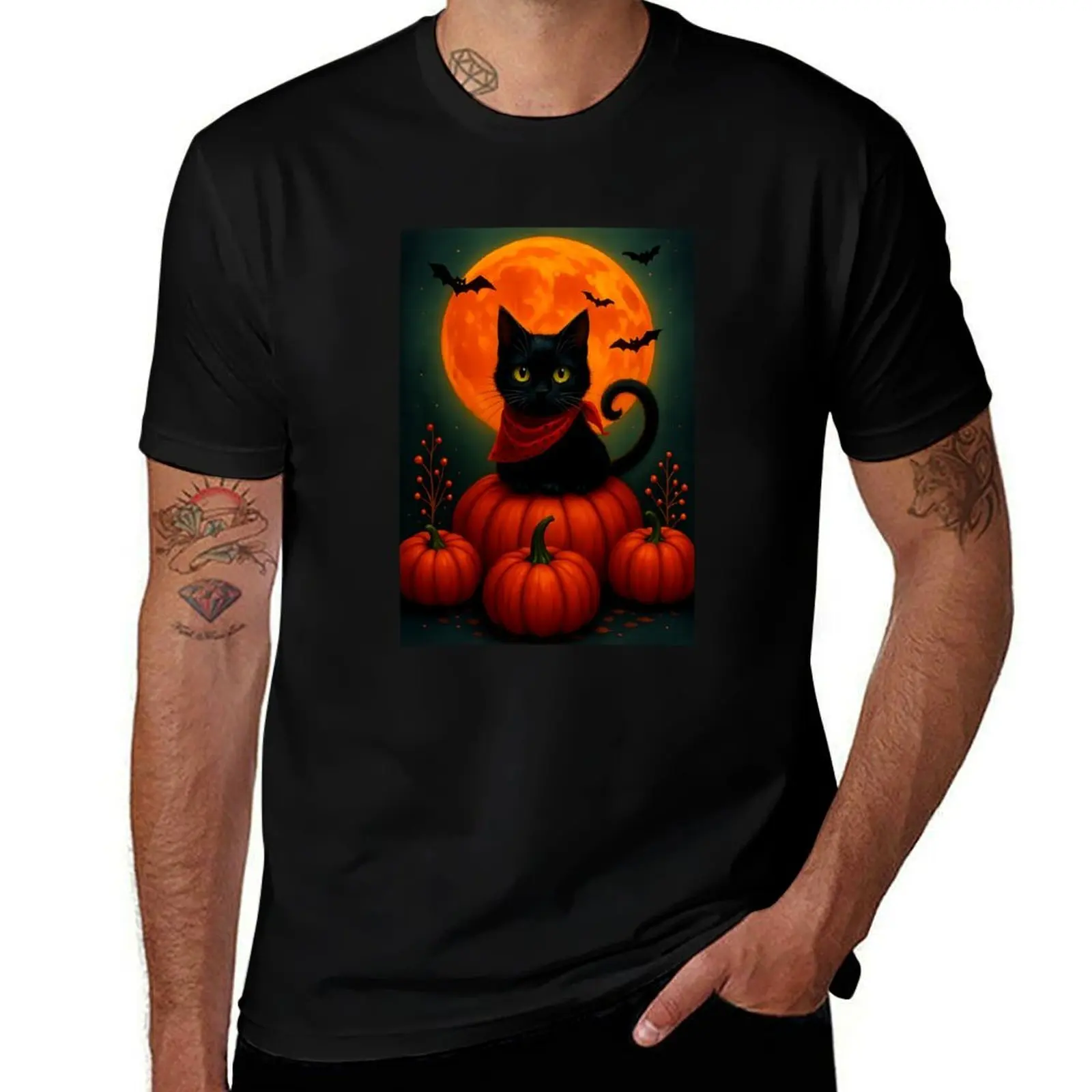 Funny black cat pumpkin Halloween costume autumn tshirt for men