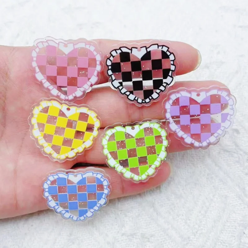 10 Stück Acryl-Anhänger mit transparentem Glitzer und Spitze, kariert, bedrucktem Herz, DIY-Ohrringe, Handykette, Schmuckanhänger m