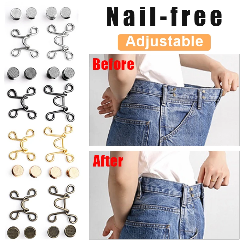 

1 Set Adjustable Waist Button Men Women Pants Waist Retractor Jeans Nail Free Waist Buckle Removable Vintage Metal Belt Extender