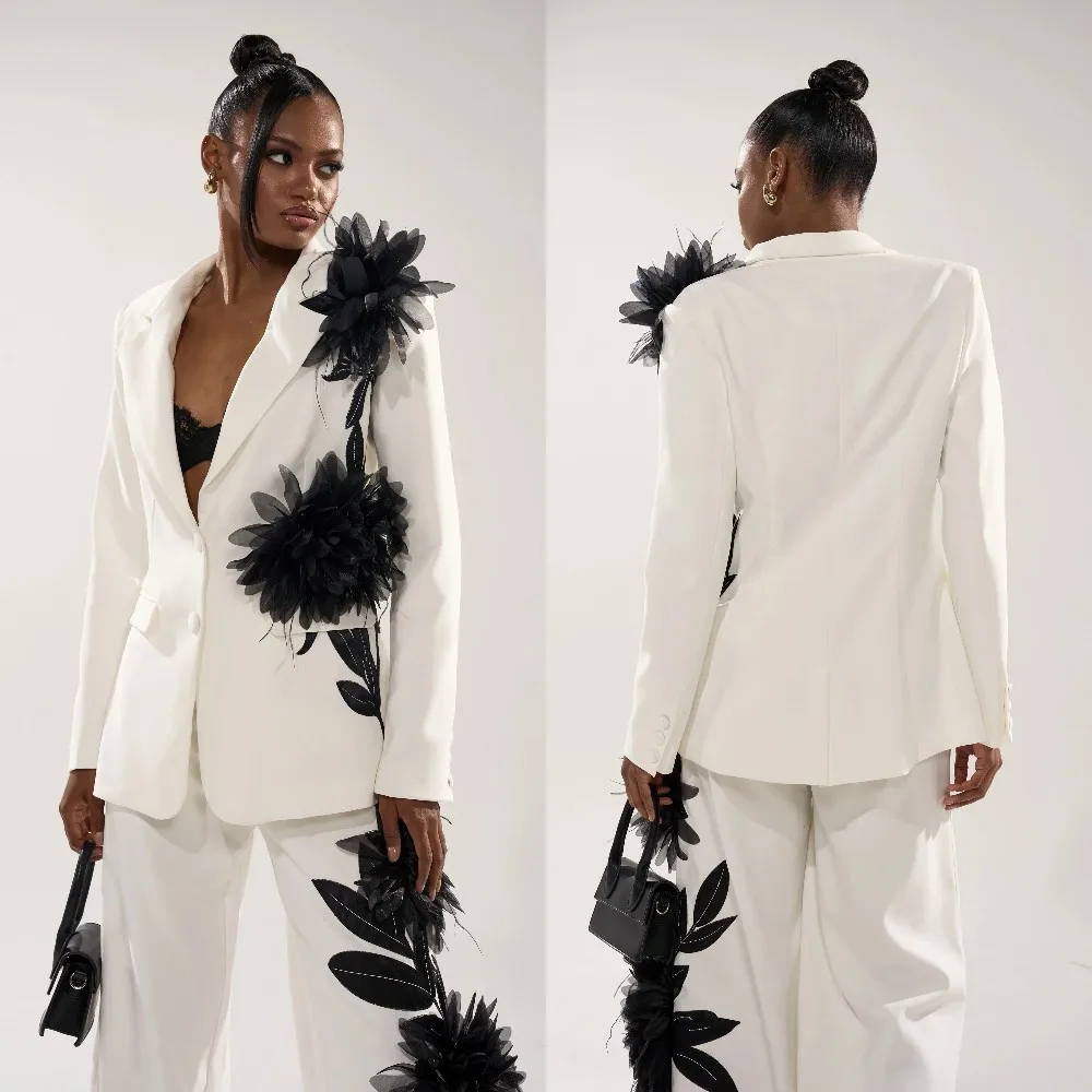 Formal Occasion Women Jacket Suits Ladies Hand Made Flowers Flared Pants Prom Birthday Party Evening 2 Pieces