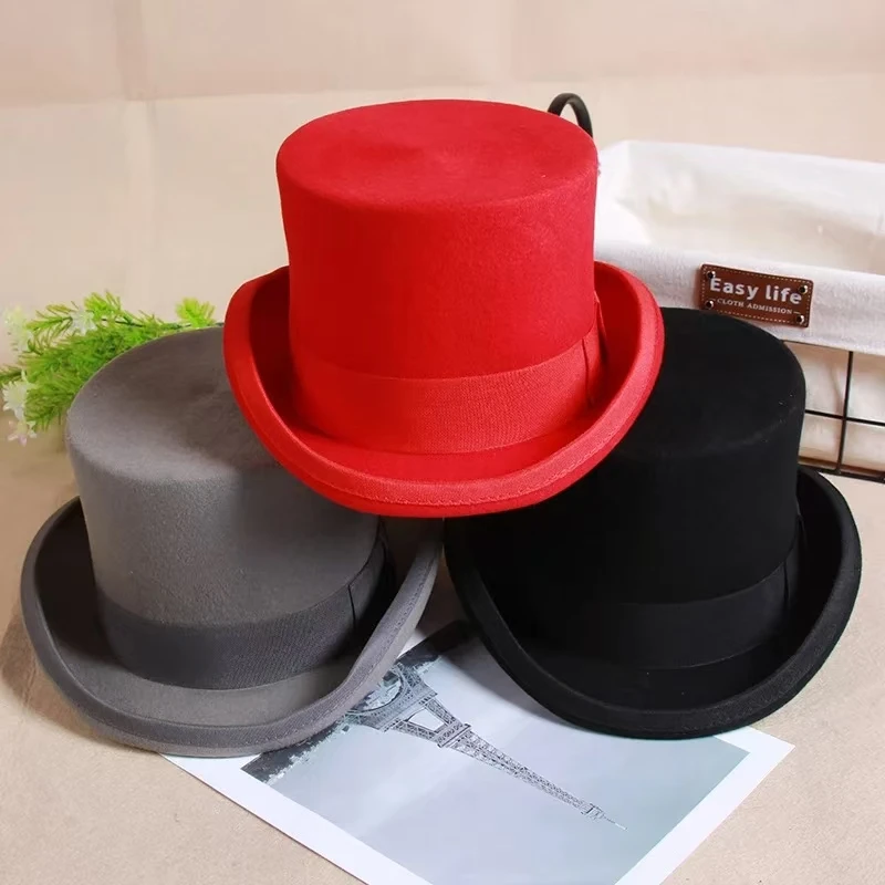 2024 Wool Flat Man Top Hat Fashion Fedora Hats Versatile Panama Magician Cap Gentleman Cylinder Strap Steampunk Unisex Elegant