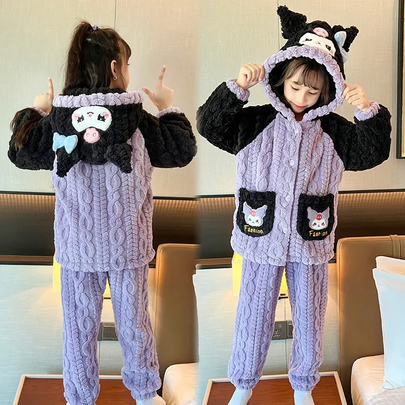 Sanrio Winter Sleepwear Anime Figure Kuromi Melody Pochacco Pajamas Set Children's Fleece Thick Warm Flannel for Girls Home Suit