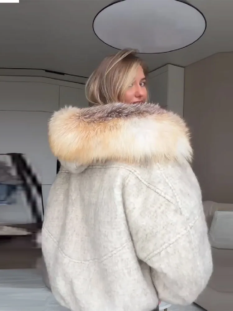 المرأة كبيرة الحجم العصرية أفخم مقنعين سترة الشتاء تنوعا عرض كم معطف قصير الخريف أنيقة شارع العليا معطف الصوف الدافئ