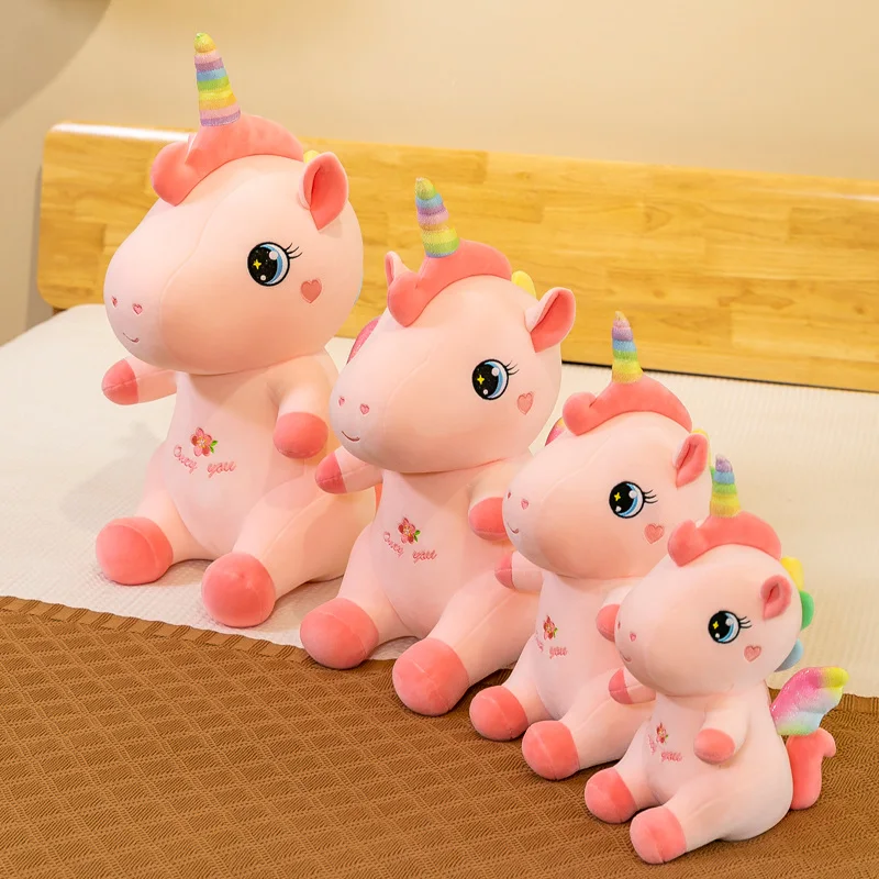 Animal de peluche de unicornio de 11/15/19/23 pulgadas, lindo caballo sentado, juguete de peluche, decoración, regalo de cumpleaños suave