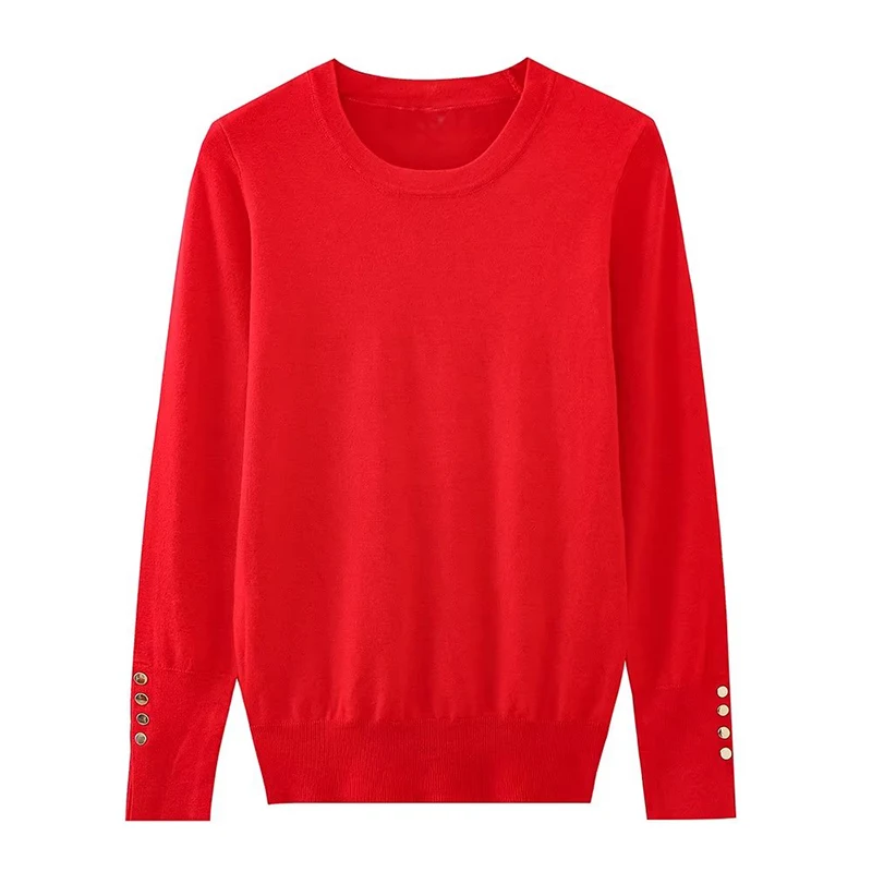 YENKYE Autumn Women Solid Round Neck Long Sleeve Basic Knit Sweater Casual Pullover Tops