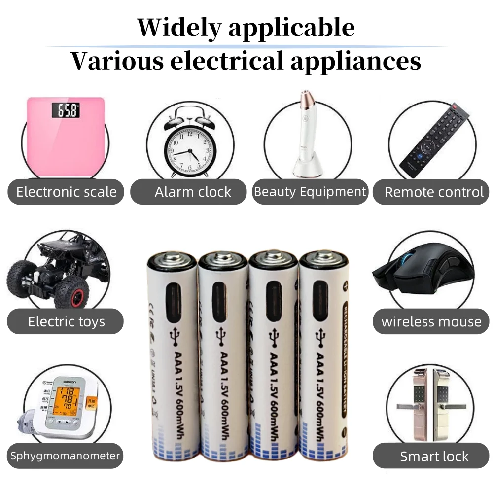 AAA 1.5V 600mWh Rechargeable Lithium Battery Type-C USB Charging Suitable for Remote control, flashlight, electric toy etc