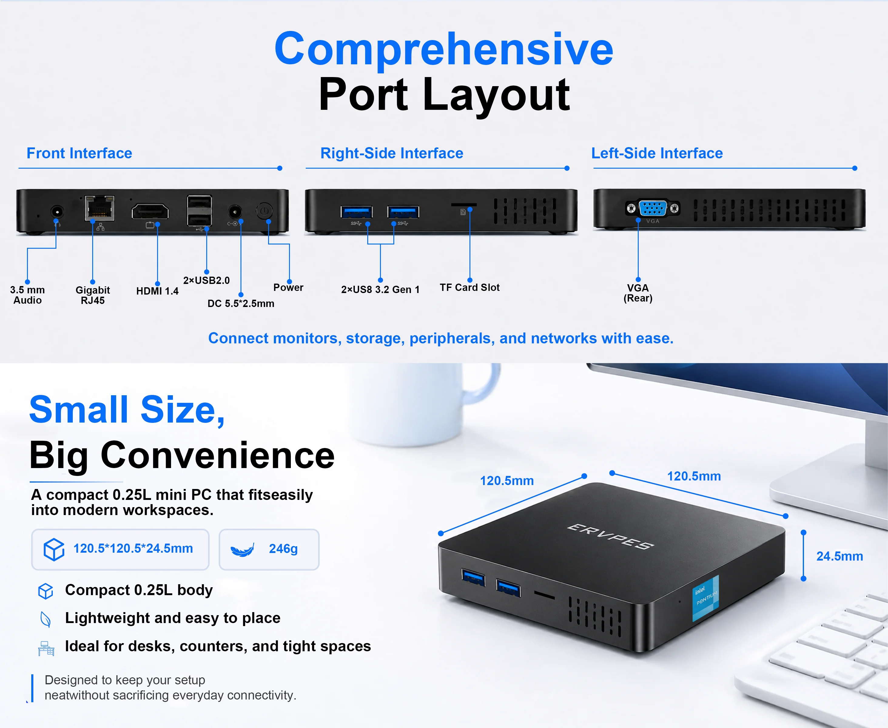 ERVPES Mini-PC B20E Windows 11 Pro 8GB RAM 128GB ROM 6500Y Micro-Desktop-Computer Dual-Band WLAN Mini-PC – Detail 5