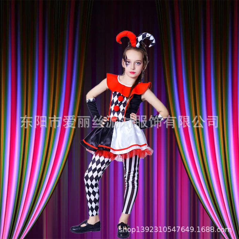 Kinderen Meisje Plaid Clown Halloween Kostuum Demon Cowl Rok Prestaties Kostuum Cowl Hoofdtooi Top Broek Cosplay Feestjurken