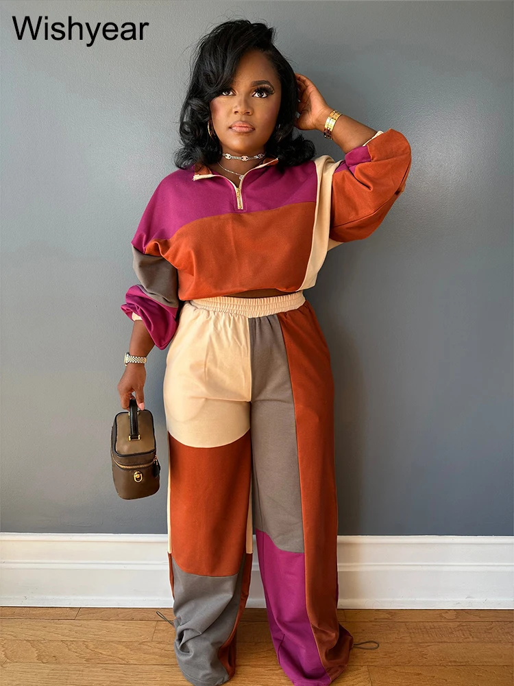 

Fashion Color Block 2 Piece Outfits for Women Casual Half Zip Sweatshirt & Wide Leg Pants Set Loungewear Tracksuit Streetwear
