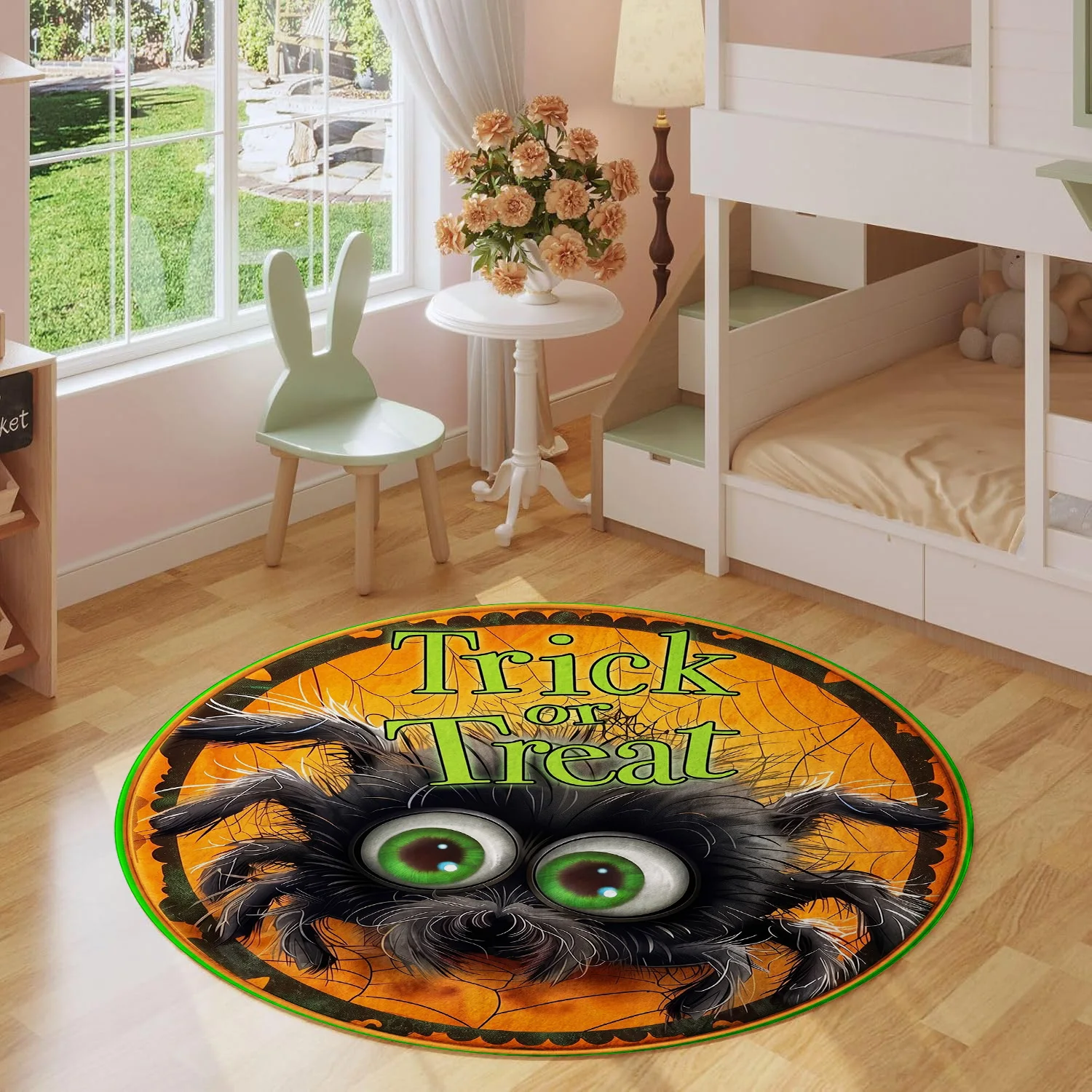 Trick Or Treat Cute Fluffy Spider Cobweb Halloween Orange Background Pattern Holiday Luxury Round Mat Area Rug Home Decor