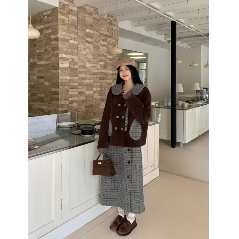 

Sweet Hot Girl Suit for Women's Winter Peter Pan Collar Double Breasted Woolen Jacket Plaid Skirt Two-piece Set Female Clothes