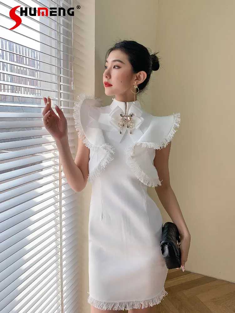 

Fashion Elegant Ruffle Above Knee Sheath Dress Women's 2023 Spring Summer Trendy Rhinestone Stand Collar Flying Sleeves Dress