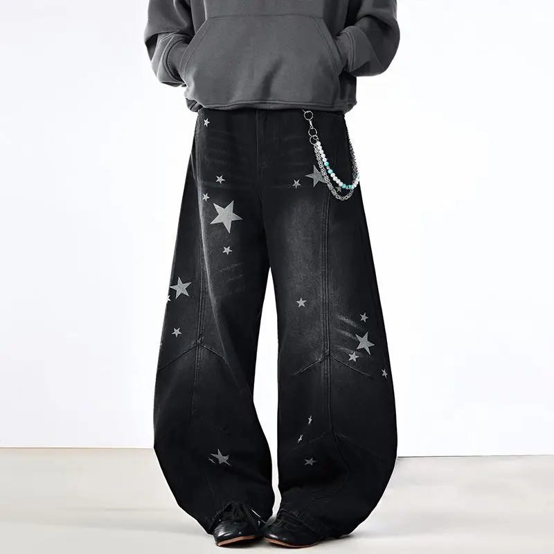 مع جيوب بنطلون أسود نجمة مستقيم الساق السراويل للنساء عالية الخصر النار المرأة الجينز الاتجاه 2025 السراويل