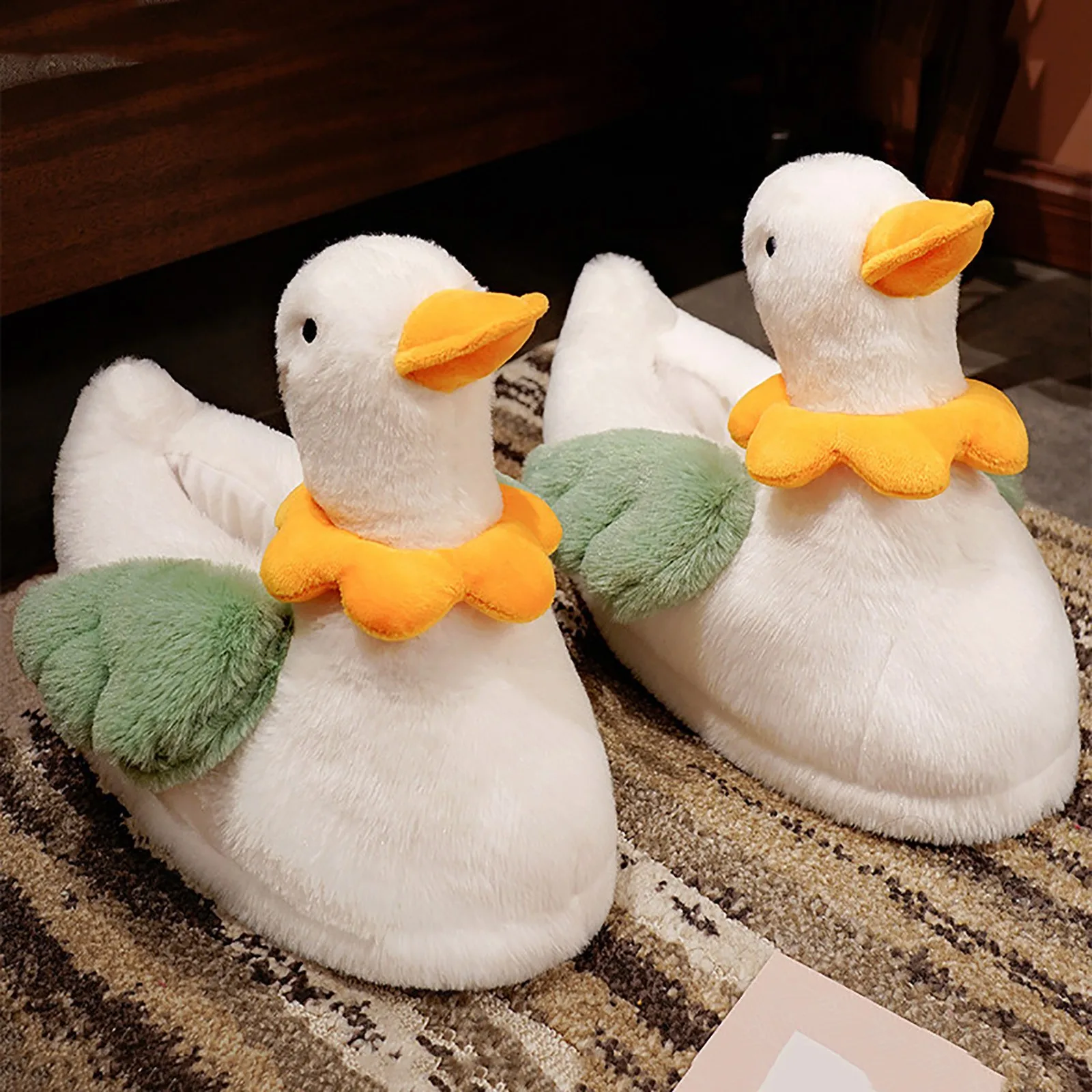 Women Cute House Slippers Warm Cotton Soft Plush Home Slippers Indoor Cartoon Duck Novelty Women Slippers Open Toe Memory Foam