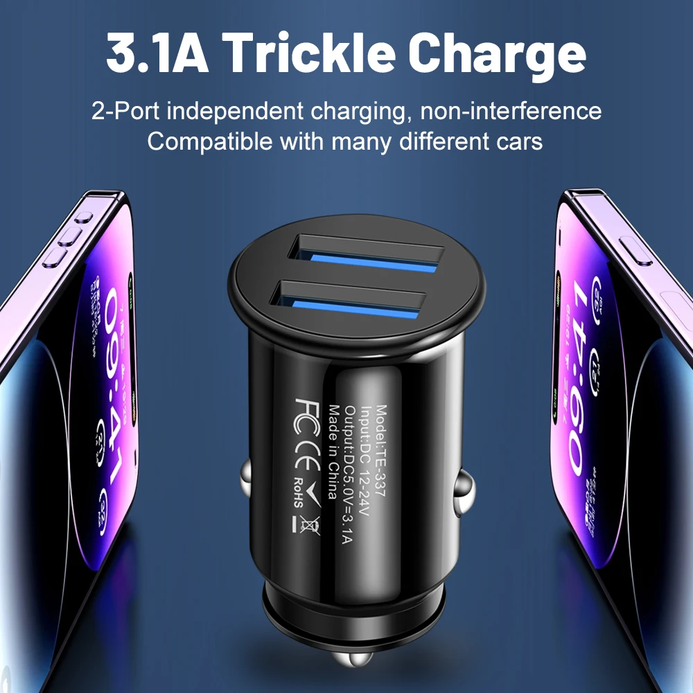 Mini chargeur de voiture USB à 2 ports, 3,1 A, charge rapide, type C PD, chargeurs automatiques, adaptateur pour iPhone, Samsung, Huawei, Xiaomi