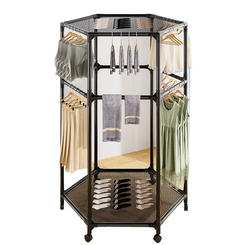 Hexagonal removable drying rack, rotating floor-to-ceiling household drying rack with mesh