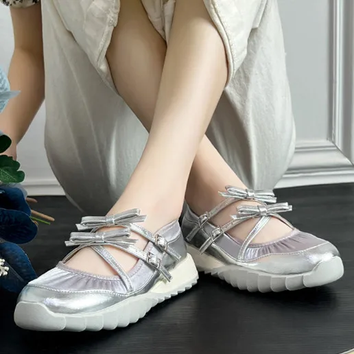 

Sweet Flat Shoes For Girls Crossed-tied Butterfly-Knot Pleated Round Toe Mid Heel Shallow Female Ballet Shoes Height Increasing